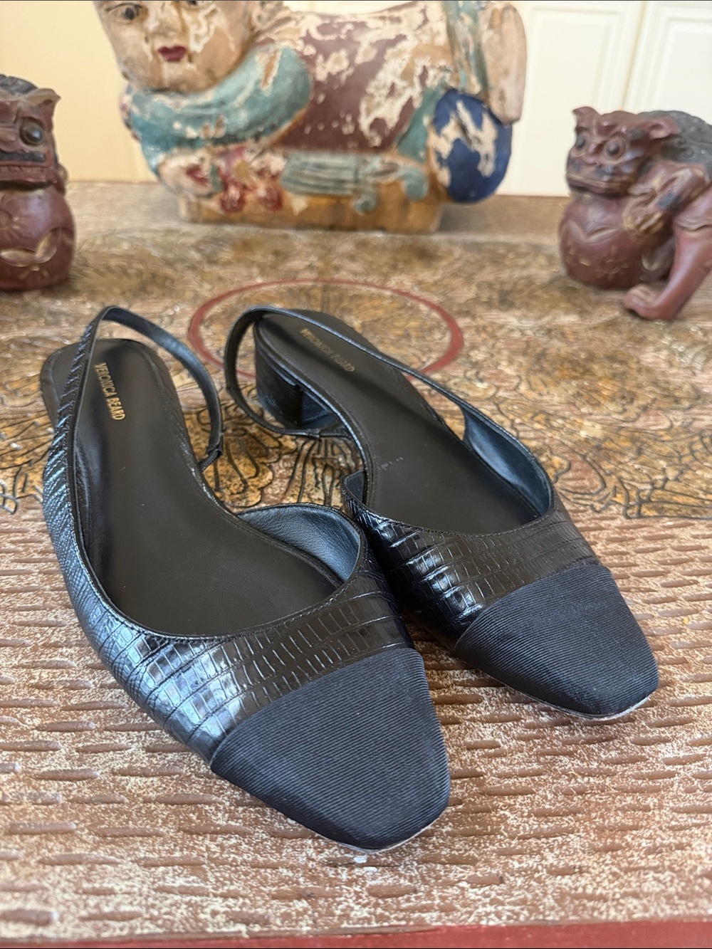 Veronica Beard Black Croc-Embossed CapToe Slingback Flats Sz 11